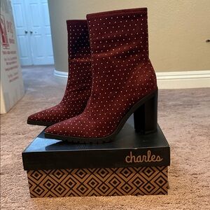 Charles By Charles David Burgundy Studded Heeled Boots size 8M suede Danielle